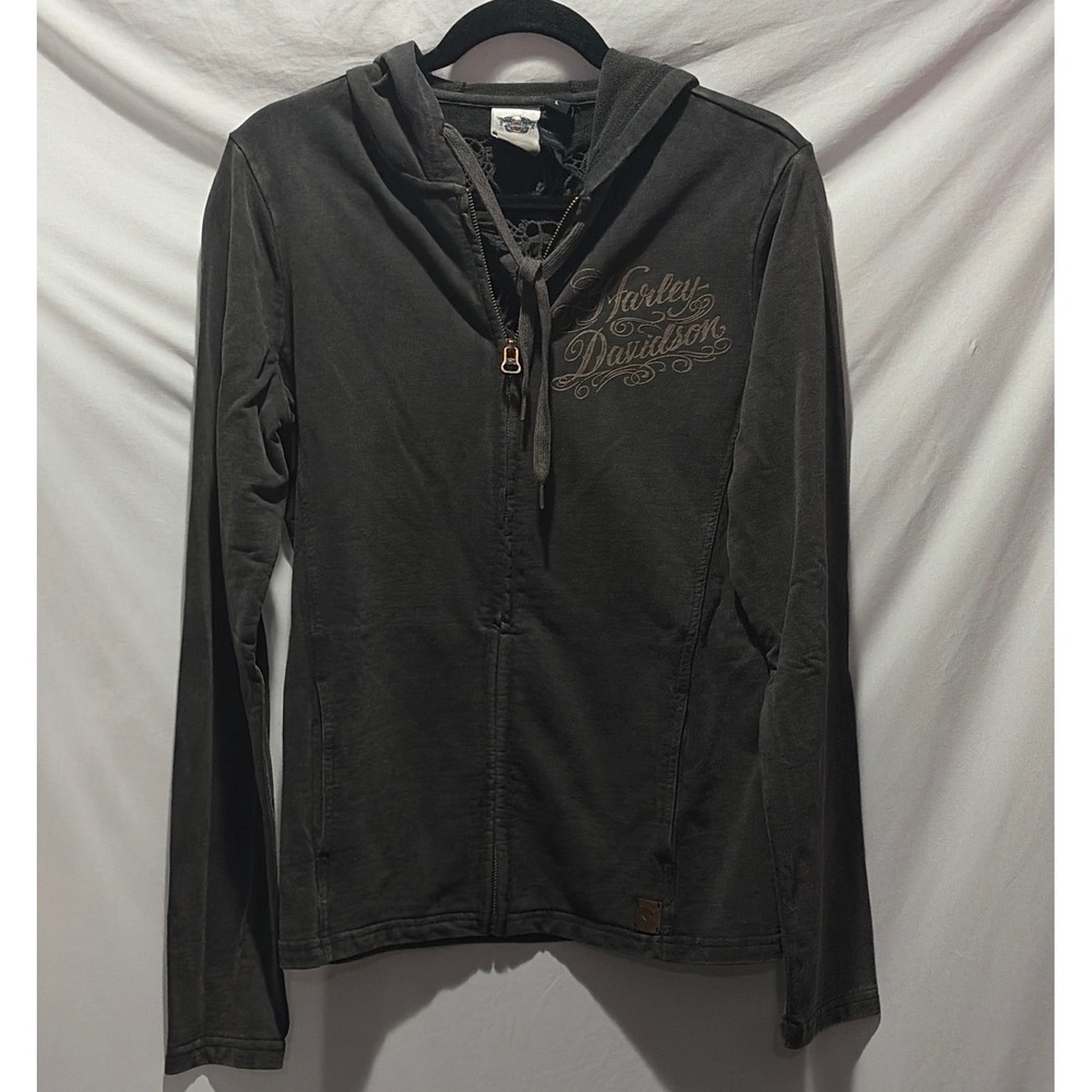 Harley-Davidson Womens Black Crochet Lace Back Full Zip Hoodie Large